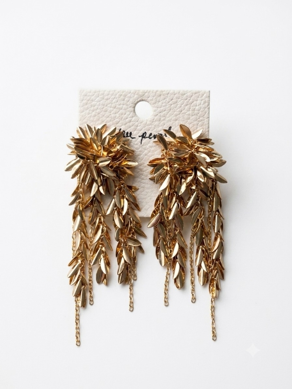 NWT Free People Gold Leaf Cluster Fringe Statement Dangle Earrings